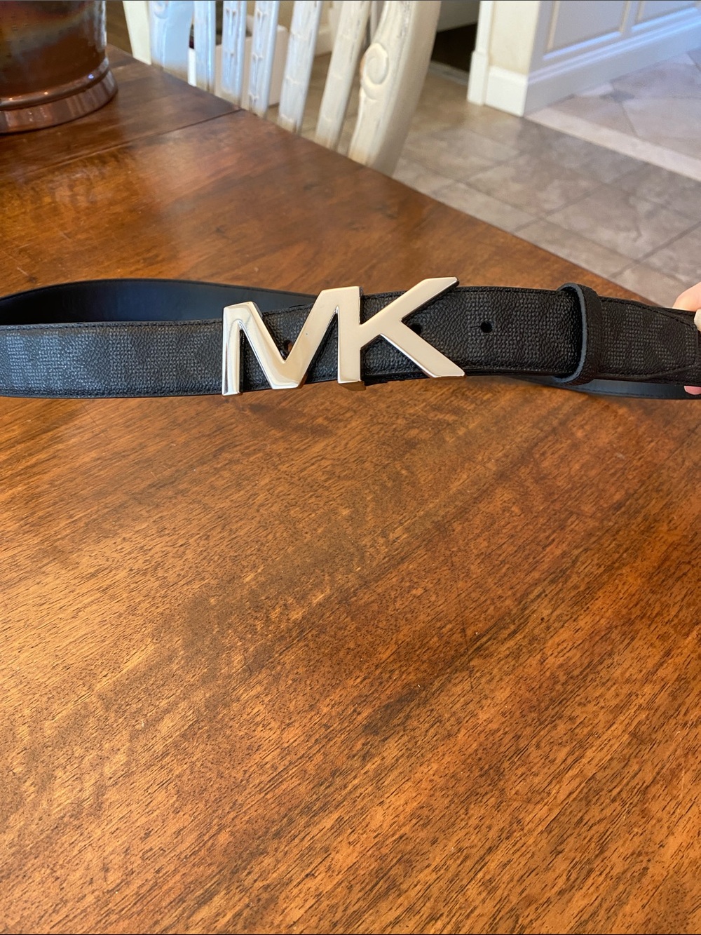Michael Kors Black Men's Logo Belt with Silver MK Buckle